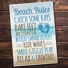 Beach Rules Seaside Nautical Bathroom Chic Hanging Wall Door Sign Plaque Decor