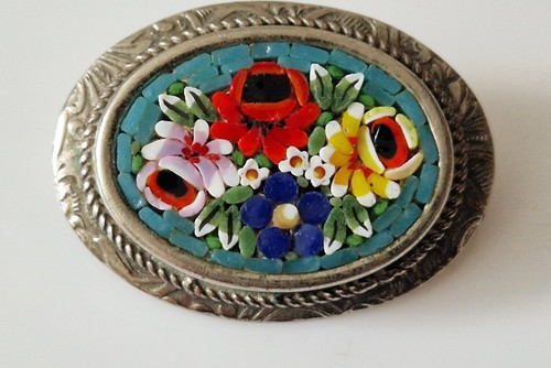 Silver brooch micro mosaic - brooch,