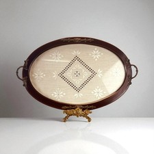 Vintage Cyprus Lefkara lace with diamonds serving tray wood and brass detail 17"
