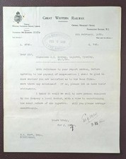 1939 Great Western Railway General Manager’s Office Paddington Letter