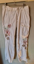 Punky Fish Trousers Size Medium Waist 32 Length 31 White With Floral Leg Detail