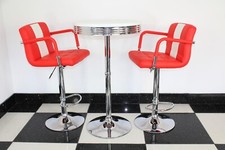 American 50s Diner Furniture Bistro Table with Two red Stools With Arms