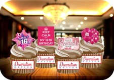 16th Birthday Pink Mix - 12 PREMIUM STAND UP Edible Cake Toppers Girl Sweet 16