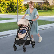 2-in-1 Foldable Infant Carriage w/Reversible Seat & Adjustable Canopy-Beige