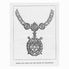 BLACKBURN Badge & Chain of the Mayor - Antique Print 1877