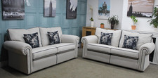 DURESTA, WALDORF PAIR 2.5 SEATER SOFAS IN LINDALE LINEN/NAVY FABRIC. RRP £6578.