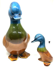 2 x Vintage Wellow Pottery Duck Figurines Ornaments Blue Green Brown 7" & 4" VGC