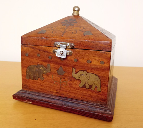 Wooden box brass elephant - wooden, w/