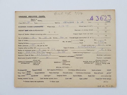 Engine record card 3623 43623 - engine,