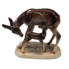 1940s Vintage Porcelain Figurine Deer and Fawn Decorative Glazed Stamped
