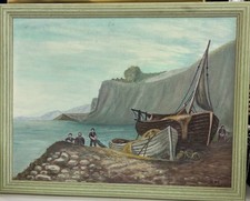 Canvas Painting of Mediterranean fishing boats on land signed R.H.E (WCR)