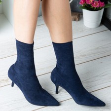 Womens Ankle Boots Ladies Mid Kitten Heel Pointed Toe New Comfy Sock Shoes Size 