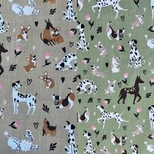 POLYCOTTON FABRIC - DOG SHOW - 2 COLOURS BEIGE AND GREEN 44"/112cm by the Metre