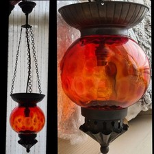 Vtg Amber Red Globe Dimpled Glass Pendant Ceiling Light Moroccan Interior Design