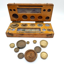 Antique Chemists Apothecary Brass Weights Cased in Hardwood Box Tweezers