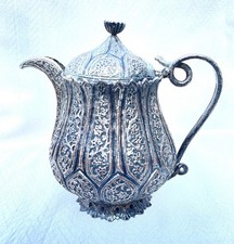 ANTIQUE INDIAN SILVERED METAL TEAPOT WITH COBRA HANDLE