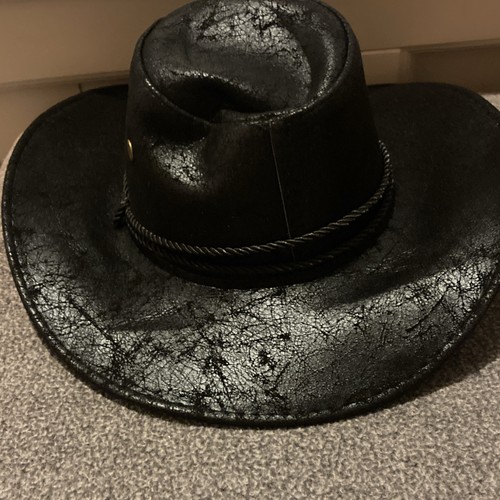 Men black leather cowboy hat - black,