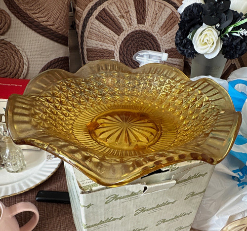Amber pressed glass round - pressed,