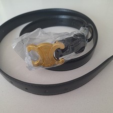 New Celine Belt Gold Logo Black Calfskin Leather Belt Size 110.