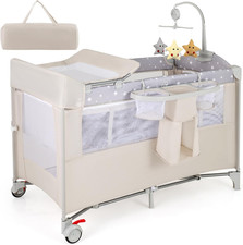 Maxmass 5 in 1 Baby Travel Cot, Foldable Infant Crib with Lockable Wheels, Bassi