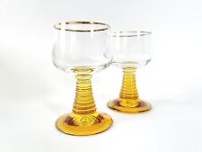 2 Ribbed Stem Amber Cordial Wine Tasting Glasses Vintage Gilt Rim Orange Glass