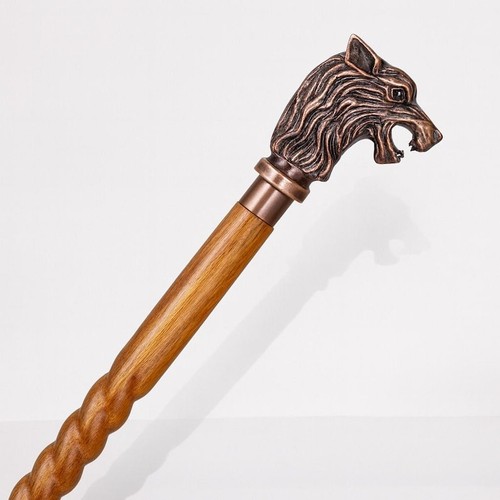 Wolf head wooden walking stick - wooden,