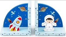 Wooden Children's Bookends for Boys or Girls Nursery or Bedroom (Blue Rocket)