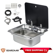 Camper Caravan Sink W/ Tempered Glass Lid & Hot / Cold Faucet Tempered Glass Lid