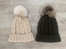 NEW LOOK CABLE KNIT BOBBLE HATS x 2 BEIGE AND DARK GREY NEW CONDITION 