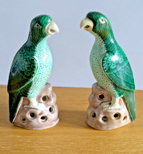 ANTIQUE Pair of CHINESE Famille Verte Bisque Polychrome Small PARROTS