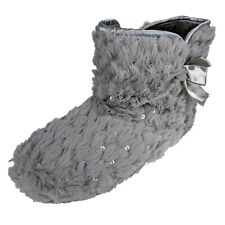 Ladies Sequin Slippers Bootee Satin Bow Grey UK 3/4 Furry Soft Warm Bootie Women