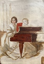 PIANO players; cut down fragment of antique Victorian oil on canvas FREE UK POST