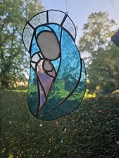 Vintage Leaded Stained Glass Madonna and Child Suncatcher 