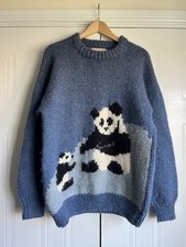 Quirky Orkney Isles Scotland Chunky Hand Knit 100% Wool Pandas Jumper Sweater L