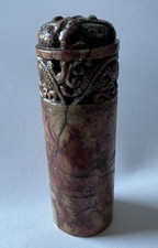 Antique Chinese Large Engraved Seal Signed With Inscription Red Yellow Soapstone