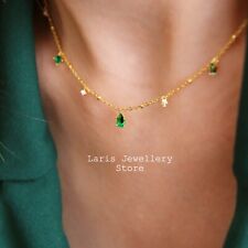 Sterling Silver Vintage Style Emerald Green CZ Crystals Teardrop Necklace