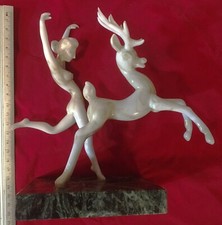 SCARCE Istvan Komaromy  NUDE Mottled Glass DIANA DEER STAG Female Vintage Figure