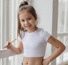 kids Cap Sleeve Crop Top Girls Round Neck Stretchy Vest T Shirt Blouse tee