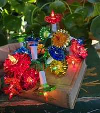 Vintage Woolworths Foil Christmas Tree Lights 20 Push In Bulb Plastic Flowers