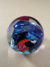 ? Underwater Scene Art Glass Paperweight Red Fish Ocean Blue Swirl