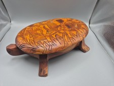 Decorative Hand Carved Large Wooden Turtle Tortoise Trinket Box with Lid Vintage