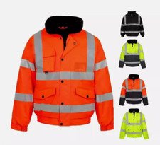 HI VIZ VIS BOMBER JACKET WORKWEAR SECURITY SAFTEY PADDED HOODED WATERPROOF COAT