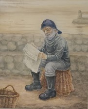 Original Signed Framed Watercolour Painting Of Cornish Fisherman