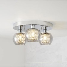 Ceiling Light 3 Way Round Smoke Glass Shades Crystal Decor Livingroom Bedroom