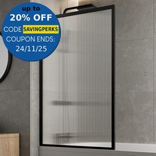 Matt Black Over Bath Shower Screen Fluted Glass Square Frame Reversible 800mm
