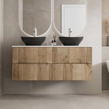 1200 Oak White Marble Vanity Unit Double Oval Basin Wall Hung Fluted Soft Close