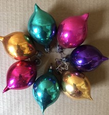 VTG Hand Painted Xmas Tree Mercury Glass Teardrop/Pear Shape Baubles Decorations