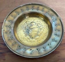 RARE ANTIQUE HERALDIC KNIGHTS SHIELD EMBOSSED BRASS SMALL CHARGER DISH 