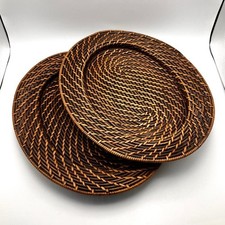 2 x Large Oval Woven Wicker Serving Display Trays Dark & Light Brown