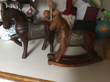 2 Wooden Horse Figurines with Metal Saddles. Larger Raised Leg Smaller Rocker